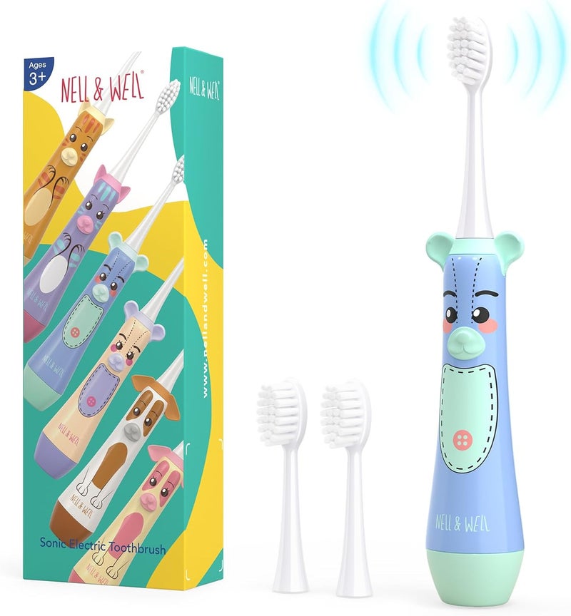 NELLWELL Kids Electric Toothbrush, 2-Min Timer, 3 Modes with Memory, IPX 7 Waterproof, Battery Powered Kids Toothbrush with 3 Soft Bristles Heads for Children Boys and Girls Ages 3+ - Image 1